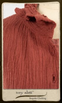 Scattergood Duster Coat in Rosy Washed Crinkled Linen; Porte Cochere Sash in Rosy Washed Floral Linen; Scattergood Frock in Rosy Washed Cotton. By Ivey Abitz.