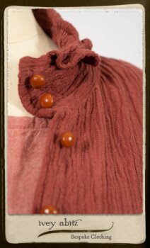 Scattergood Duster Coat in Rosy Washed Crinkled Linen; Porte Cochere Sash in Rosy Washed Floral Linen; Scattergood Frock in Rosy Washed Cotton. By Ivey Abitz.