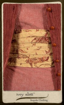 Scattergood Duster Coat in Rosy Washed Crinkled Linen; Porte Cochere Sash in Rosy Washed Floral Linen; Scattergood Frock in Rosy Washed Cotton. By Ivey Abitz.