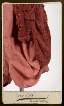 Scattergood Duster Coat in Rosy Washed Crinkled Linen; Porte Cochere Sash in Rosy Washed Floral Linen; Scattergood Frock in Rosy Washed Cotton. By Ivey Abitz.