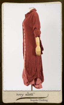 Scattergood Duster Coat in Rosy Washed Crinkled Linen; Porte Cochere Sash in Rosy Washed Floral Linen; Scattergood Frock in Rosy Washed Cotton. By Ivey Abitz.