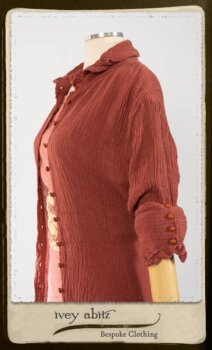 Scattergood Duster Coat in Rosy Washed Crinkled Linen; Porte Cochere Sash in Rosy Washed Floral Linen; Scattergood Frock in Rosy Washed Cotton. By Ivey Abitz.