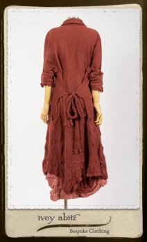Scattergood Duster Coat in Rosy Washed Crinkled Linen; Porte Cochere Sash in Rosy Washed Floral Linen; Scattergood Frock in Rosy Washed Cotton. By Ivey Abitz.