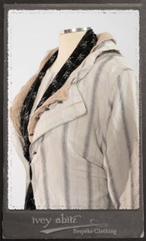 Harrison Duster Coat in Black and White Picture Book Stripe; Harrison Shirt Jacket in Picture Book Washed Crinkled Linen; Clotaire Sash in White on Black Floral Silk Chiffon; Fairholme Frock in Black and White Picture Book Stripe. By Ivey Abitz.