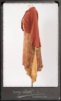 Crest Jacket in New Sun Softest Knit; Blanchefleur Sash in New Sun Washed Linen; Crest Frock in New Sun Floral Silk Chiffon in High Water Length; Edenshire Frock in New Sun Washed Linen in High Water Length. By Ivey Abitz.