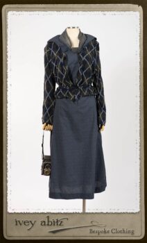 Chevallier Cardigan in Fresh Water Rustic Argyle Knit; Vanetten Frock in Fresh Water Petite Fleur Cotton; Clotaire Sash in Fresh Water Argyle Netting. By Ivey Abitz.