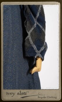 Chevallier Cardigan in Fresh Water Rustic Argyle Knit; Vanetten Frock in Fresh Water Petite Fleur Cotton; Clotaire Sash in Fresh Water Argyle Netting. By Ivey Abitz.