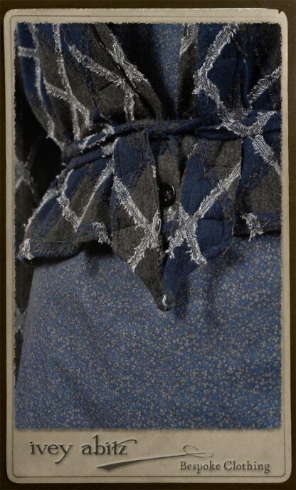 Chevallier Cardigan in Fresh Water Rustic Argyle Knit; Vanetten Frock in Fresh Water Petite Fleur Cotton; Clotaire Sash in Fresh Water Argyle Netting. By Ivey Abitz.