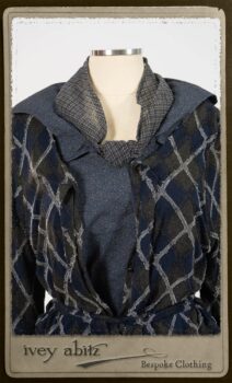 Chevallier Cardigan in Fresh Water Rustic Argyle Knit; Vanetten Frock in Fresh Water Petite Fleur Cotton; Clotaire Sash in Fresh Water Argyle Netting. By Ivey Abitz.