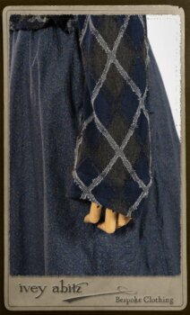 Chevallier Cardigan in Fresh Water Rustic Argyle Knit; Vanetten Frock in Fresh Water Petite Fleur Cotton; Clotaire Sash in Fresh Water Argyle Netting. By Ivey Abitz.