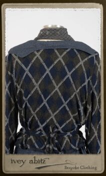 Chevallier Cardigan in Fresh Water Rustic Argyle Knit; Vanetten Frock in Fresh Water Petite Fleur Cotton; Clotaire Sash in Fresh Water Argyle Netting. By Ivey Abitz.