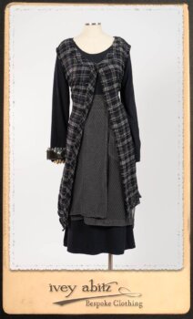 Highlands Frock in Fresh Water Wispy Plaid; Elliot Dress in Fresh Water Melange Knit; Highlands Skirt in Fresh Water Argyle Netting. By Ivey Abitz.