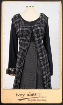 Highlands Frock in Fresh Water Wispy Plaid; Elliot Dress in Fresh Water Melange Knit; Highlands Skirt in Fresh Water Argyle Netting. By Ivey Abitz.