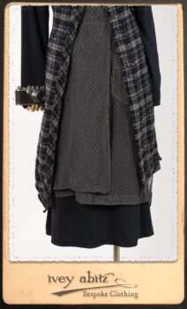 Highlands Frock in Fresh Water Wispy Plaid; Elliot Dress in Fresh Water Melange Knit; Highlands Skirt in Fresh Water Argyle Netting. By Ivey Abitz.