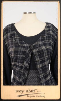 Highlands Frock in Fresh Water Wispy Plaid; Elliot Dress in Fresh Water Melange Knit; Highlands Skirt in Fresh Water Argyle Netting. By Ivey Abitz.