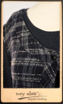 Highlands Frock in Fresh Water Wispy Plaid; Elliot Dress in Fresh Water Melange Knit; Highlands Skirt in Fresh Water Argyle Netting. By Ivey Abitz.