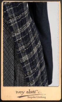 Highlands Frock in Fresh Water Wispy Plaid; Elliot Dress in Fresh Water Melange Knit; Highlands Skirt in Fresh Water Argyle Netting. By Ivey Abitz.