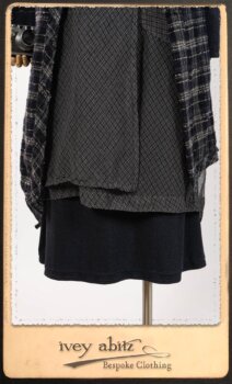 Highlands Frock in Fresh Water Wispy Plaid; Elliot Dress in Fresh Water Melange Knit; Highlands Skirt in Fresh Water Argyle Netting. By Ivey Abitz.