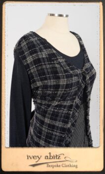 Highlands Frock in Fresh Water Wispy Plaid; Elliot Dress in Fresh Water Melange Knit; Highlands Skirt in Fresh Water Argyle Netting. By Ivey Abitz.