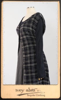 Highlands Frock in Fresh Water Wispy Plaid; Elliot Dress in Fresh Water Melange Knit; Highlands Skirt in Fresh Water Argyle Netting. By Ivey Abitz.