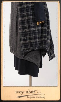 Highlands Frock in Fresh Water Wispy Plaid; Elliot Dress in Fresh Water Melange Knit; Highlands Skirt in Fresh Water Argyle Netting. By Ivey Abitz.