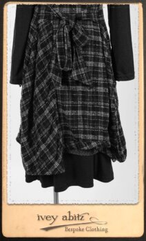 Highlands Frock in Fresh Water Wispy Plaid; Elliot Dress in Fresh Water Melange Knit; Highlands Skirt in Fresh Water Argyle Netting. By Ivey Abitz.