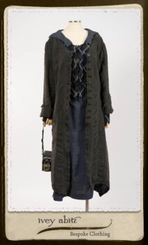Highlands Duster Coat in Tintype Puckered Stripe Weave; Chevallier Cardigan in Fresh Water Rustic Argyle Knit; Vanetten Frock in Fresh Water Petite Fleur Cotton. By Ivey Abitz.