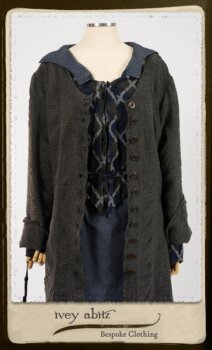 Highlands Duster Coat in Tintype Puckered Stripe Weave; Chevallier Cardigan in Fresh Water Rustic Argyle Knit; Vanetten Frock in Fresh Water Petite Fleur Cotton. By Ivey Abitz.