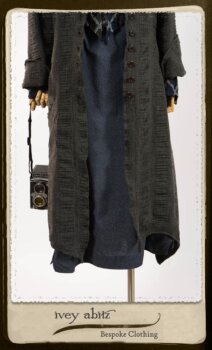 Highlands Duster Coat in Tintype Puckered Stripe Weave; Chevallier Cardigan in Fresh Water Rustic Argyle Knit; Vanetten Frock in Fresh Water Petite Fleur Cotton. By Ivey Abitz.
