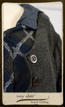 Highlands Duster Coat in Tintype Puckered Stripe Weave; Chevallier Cardigan in Fresh Water Rustic Argyle Knit; Vanetten Frock in Fresh Water Petite Fleur Cotton. By Ivey Abitz.