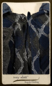 Highlands Duster Coat in Tintype Puckered Stripe Weave; Chevallier Cardigan in Fresh Water Rustic Argyle Knit; Vanetten Frock in Fresh Water Petite Fleur Cotton. By Ivey Abitz.