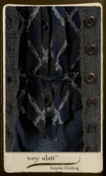 Highlands Duster Coat in Tintype Puckered Stripe Weave; Chevallier Cardigan in Fresh Water Rustic Argyle Knit; Vanetten Frock in Fresh Water Petite Fleur Cotton. By Ivey Abitz.