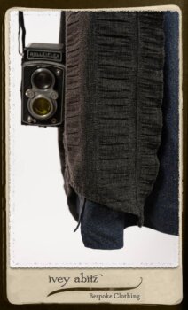 Highlands Duster Coat in Tintype Puckered Stripe Weave; Chevallier Cardigan in Fresh Water Rustic Argyle Knit; Vanetten Frock in Fresh Water Petite Fleur Cotton. By Ivey Abitz.