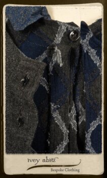 Highlands Duster Coat in Tintype Puckered Stripe Weave; Chevallier Cardigan in Fresh Water Rustic Argyle Knit; Vanetten Frock in Fresh Water Petite Fleur Cotton. By Ivey Abitz.