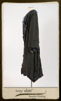 Highlands Duster Coat in Tintype Puckered Stripe Weave; Chevallier Cardigan in Fresh Water Rustic Argyle Knit; Vanetten Frock in Fresh Water Petite Fleur Cotton. By Ivey Abitz.