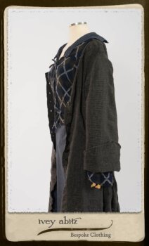 Highlands Duster Coat in Tintype Puckered Stripe Weave; Chevallier Cardigan in Fresh Water Rustic Argyle Knit; Vanetten Frock in Fresh Water Petite Fleur Cotton. By Ivey Abitz.