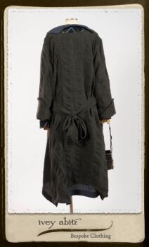 Highlands Duster Coat in Tintype Puckered Stripe Weave; Chevallier Cardigan in Fresh Water Rustic Argyle Knit; Vanetten Frock in Fresh Water Petite Fleur Cotton. By Ivey Abitz.