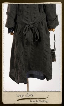 Highlands Duster Coat in Tintype Puckered Stripe Weave; Chevallier Cardigan in Fresh Water Rustic Argyle Knit; Vanetten Frock in Fresh Water Petite Fleur Cotton. By Ivey Abitz.