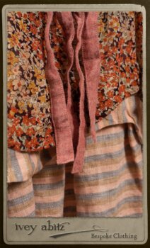 Crest Jacket in New Sun Softest Knit; Crest Frock in New Sun Floral Silk Chiffon; Porte Cochere Sash in Rosy Washed Cotton; Rosy Washed Stripe Linen. By Ivey Abitz.