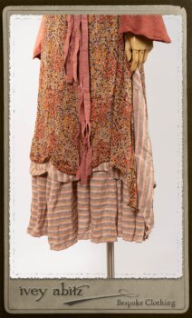 Crest Jacket in New Sun Softest Knit; Crest Frock in New Sun Floral Silk Chiffon; Porte Cochere Sash in Rosy Washed Cotton; Rosy Washed Stripe Linen. By Ivey Abitz.