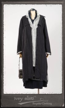 Vanetten Duster Coat in Fresh Water Petite Check Cotton; Highlands Shirt in Fresh Water Puckered Stripe Cotton; Cloitaire Sash in Fresh Water Argyle Netting; Cilla Slip Frock in Fresh Water Melange Knit; Highlands Skirt in Fresh Water Argyle Netting. By Ivey Abitz.