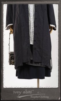 Vanetten Duster Coat in Fresh Water Petite Check Cotton; Highlands Shirt in Fresh Water Puckered Stripe Cotton; Cloitaire Sash in Fresh Water Argyle Netting; Cilla Slip Frock in Fresh Water Melange Knit; Highlands Skirt in Fresh Water Argyle Netting. By Ivey Abitz.