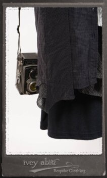 Vanetten Duster Coat in Fresh Water Petite Check Cotton; Highlands Shirt in Fresh Water Puckered Stripe Cotton; Cloitaire Sash in Fresh Water Argyle Netting; Cilla Slip Frock in Fresh Water Melange Knit; Highlands Skirt in Fresh Water Argyle Netting. By Ivey Abitz.