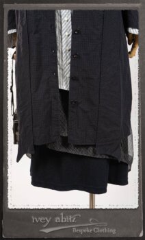 Vanetten Duster Coat in Fresh Water Petite Check Cotton; Highlands Shirt in Fresh Water Puckered Stripe Cotton; Cloitaire Sash in Fresh Water Argyle Netting; Cilla Slip Frock in Fresh Water Melange Knit; Highlands Skirt in Fresh Water Argyle Netting. By Ivey Abitz.