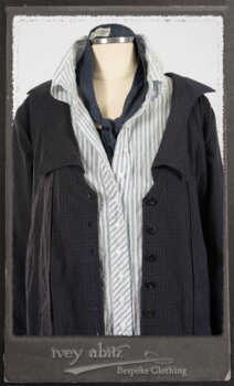 Vanetten Duster Coat in Fresh Water Petite Check Cotton; Highlands Shirt in Fresh Water Puckered Stripe Cotton; Cloitaire Sash in Fresh Water Argyle Netting; Cilla Slip Frock in Fresh Water Melange Knit; Highlands Skirt in Fresh Water Argyle Netting. By Ivey Abitz.