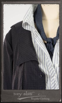 Vanetten Duster Coat in Fresh Water Petite Check Cotton; Highlands Shirt in Fresh Water Puckered Stripe Cotton; Cloitaire Sash in Fresh Water Argyle Netting; Cilla Slip Frock in Fresh Water Melange Knit; Highlands Skirt in Fresh Water Argyle Netting. By Ivey Abitz.