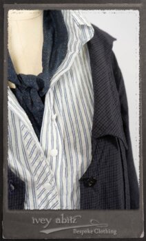 Vanetten Duster Coat in Fresh Water Petite Check Cotton; Highlands Shirt in Fresh Water Puckered Stripe Cotton; Cloitaire Sash in Fresh Water Argyle Netting; Cilla Slip Frock in Fresh Water Melange Knit; Highlands Skirt in Fresh Water Argyle Netting. By Ivey Abitz.