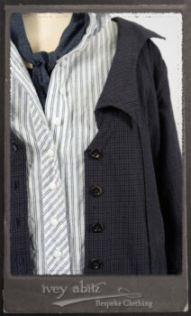 Vanetten Duster Coat in Fresh Water Petite Check Cotton; Highlands Shirt in Fresh Water Puckered Stripe Cotton; Cloitaire Sash in Fresh Water Argyle Netting; Cilla Slip Frock in Fresh Water Melange Knit; Highlands Skirt in Fresh Water Argyle Netting. By Ivey Abitz.