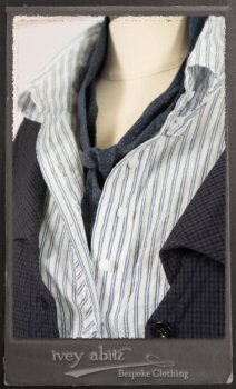 Vanetten Duster Coat in Fresh Water Petite Check Cotton; Highlands Shirt in Fresh Water Puckered Stripe Cotton; Cloitaire Sash in Fresh Water Argyle Netting; Cilla Slip Frock in Fresh Water Melange Knit; Highlands Skirt in Fresh Water Argyle Netting. By Ivey Abitz.