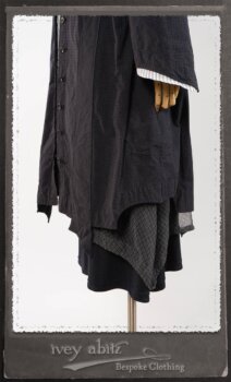 Vanetten Duster Coat in Fresh Water Petite Check Cotton; Highlands Shirt in Fresh Water Puckered Stripe Cotton; Cloitaire Sash in Fresh Water Argyle Netting; Cilla Slip Frock in Fresh Water Melange Knit; Highlands Skirt in Fresh Water Argyle Netting. By Ivey Abitz.